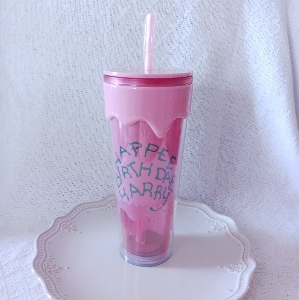 Harry Potter "Happee Birthdae Harry" Cake Pink Travel Tumbler 26 oz.